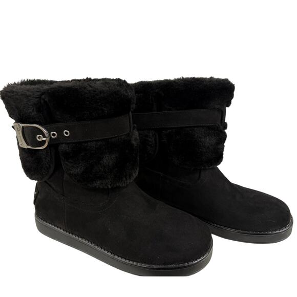 GUESS Black Faux Fur Cuff Winter Boots Size 6M Warm Mid Calf Suede Style Booties - Picture 1 of 9
